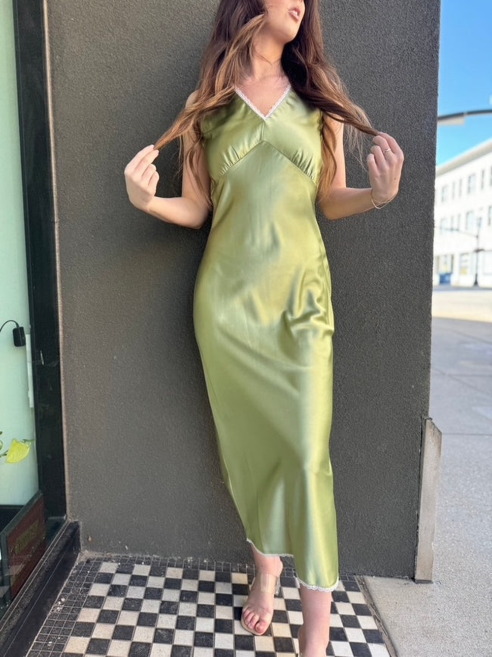 Satin Olive Green Midi Slip Dress with Lace Trim NWOT